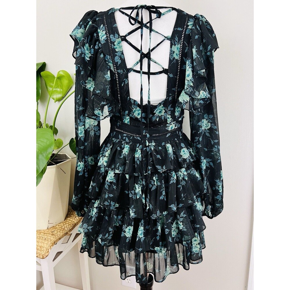 Altar'd State Black & Turquoise Floral Chiffon Ruffled Tiered Dress Whimsygoth M